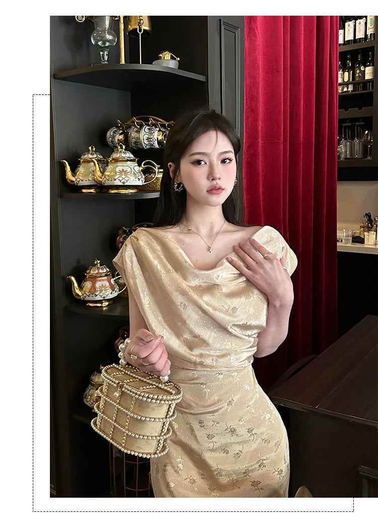 JazzHer Jacquard Midi Dresses for Women 2024 Summer New Slim and Skinny Elegant Party Clothes Sexy Fashion Off-shoulder Evening Dress