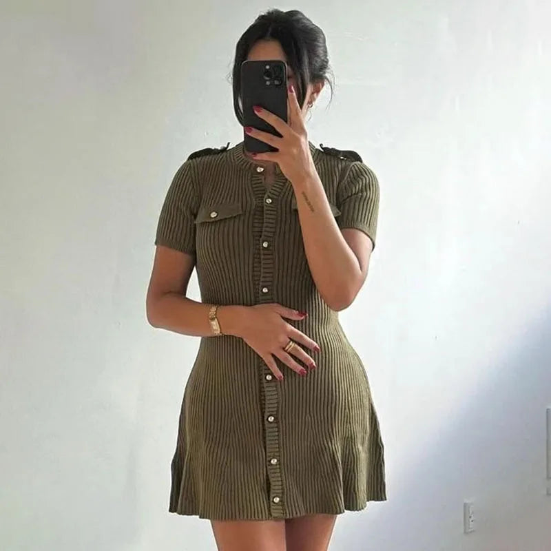 JazzHer Metal Button Knitted Short Sleeve Dress Women's Retro Elegant Mini Sweater Dresses Solid Color Club Party Vestido Female