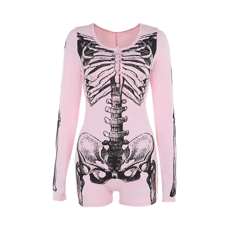 JazzHer Women's Gothic Directional Design New Fall Elegant Skeleton Bones Printed Bodysuit