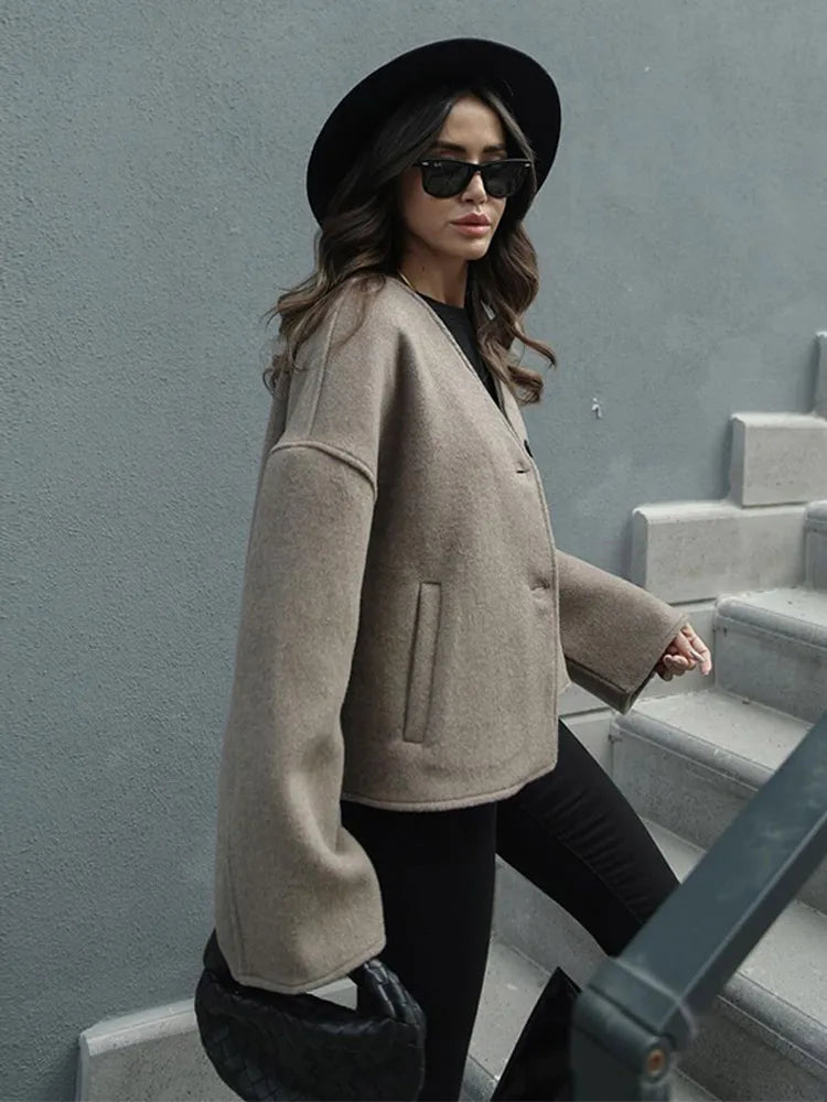 JazzHer 2024 Autumn Winter Grey V-neck Solid Warm Coat  Women Elegant Button Long Sleeve Loose Jacket Female High Street Outerwear