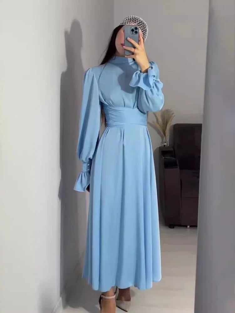 JazzHer Eid Satin Party Dress for woman Abaya Flare Sleeve Vestidos Largos Dresses Ramadan Lace-up Islam Largo Dubai Arab Long Robe 2024