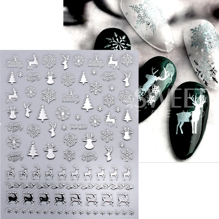 JazzHer 3D Gold Silver Christmas Nail Sticker Winter New Year Snowman Snowflake Decal Holographic Santa Tree Slider For Manicure Decor