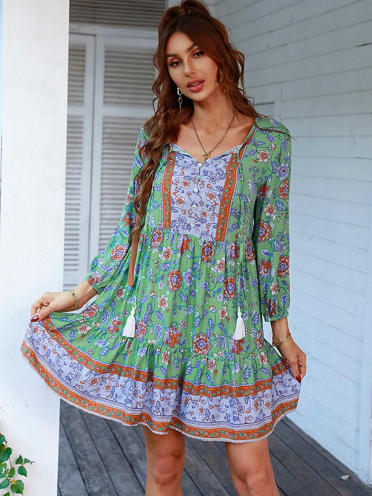 JazzHer Print Long Sleeve Boho Dress Women Sexy V-neck Casual Holiday Short Dress Spring Summer Beach Sundress Viscose A-line Dress