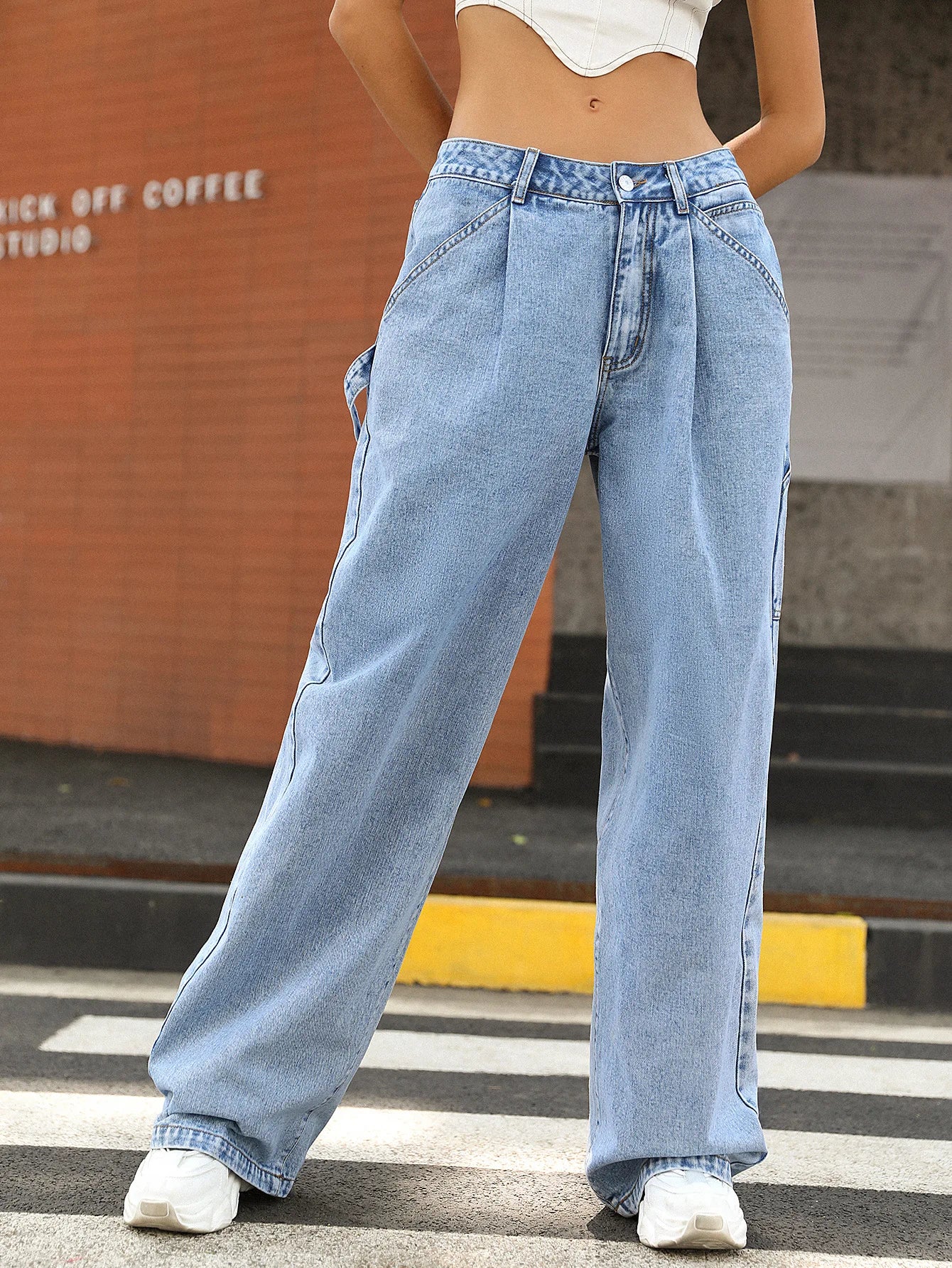 JazzHer Women Jeans Wide Leg Pants High Waist Streetwear Pockets Button Loose Fit Basics Trousers 2024 Autumn Female Casual Denims