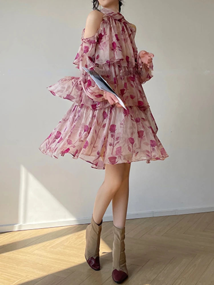 JazzHer Floral Mini Dress Beach Style Woman Boho 2024 Autumn Long Sleeve Short Party Dress Casual Elegant Korean Fashion Dress Female