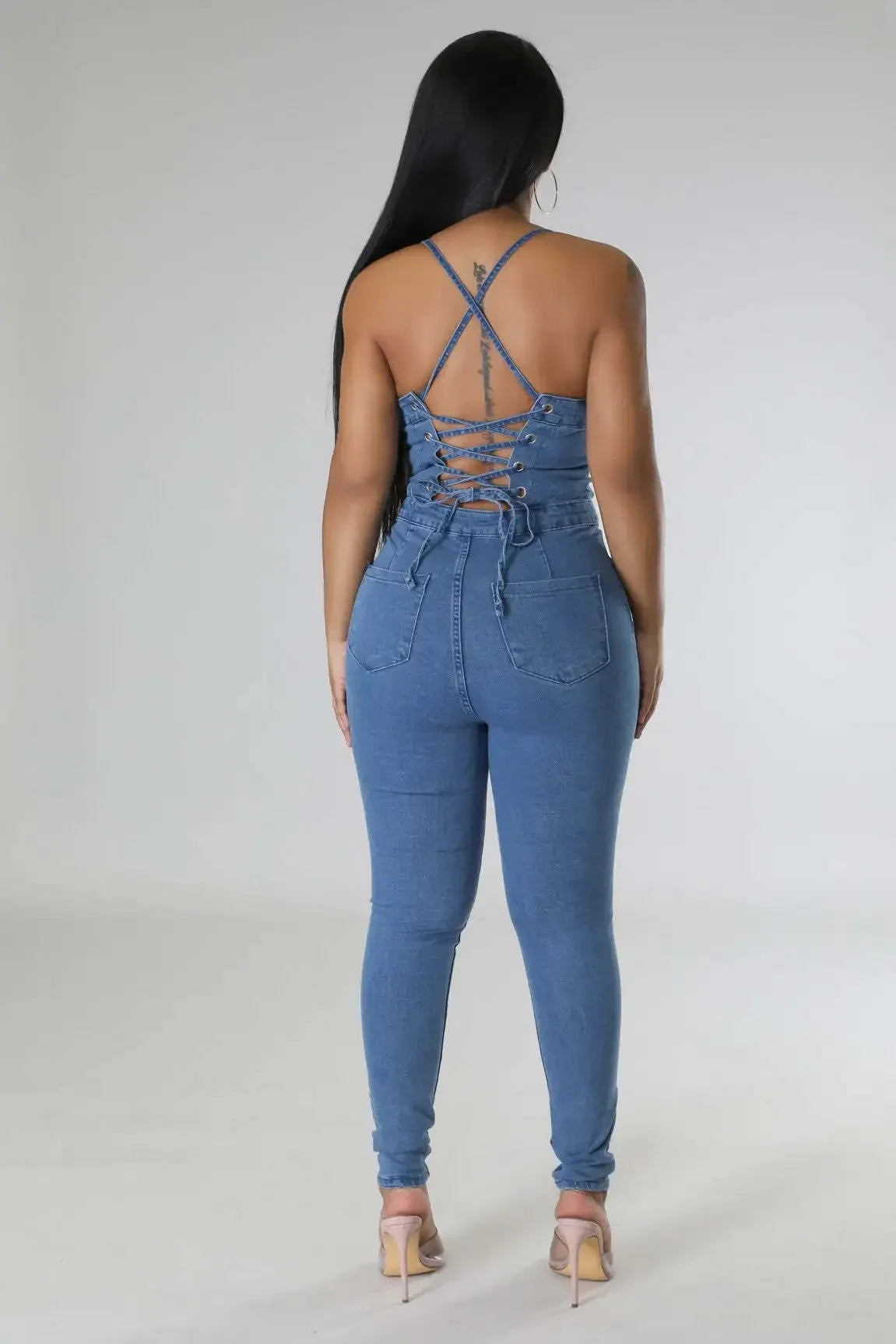 JazzHer Women Jeans Backless Denim Washing Overalls Solid Jumpsuits Slim Fit Sexy Ankle Length Summer 2024 High Street Pockets