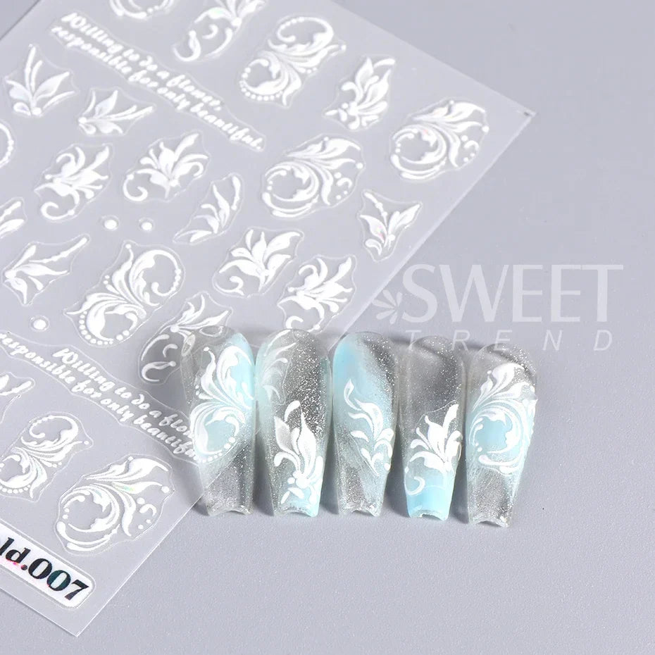 JazzHer 5D White Butterfly Nails Stickers Luxury Embossed Lace Flower Nail Art Decals Cool Girl Text Letter Sticker Manicure Decoration