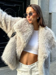 JazzHer Fashion Cropped Faux Fur Jacket Coat Women's Long Sleeve High Street Female Outerwear Chic Lapel Collar Thick Coat Winter