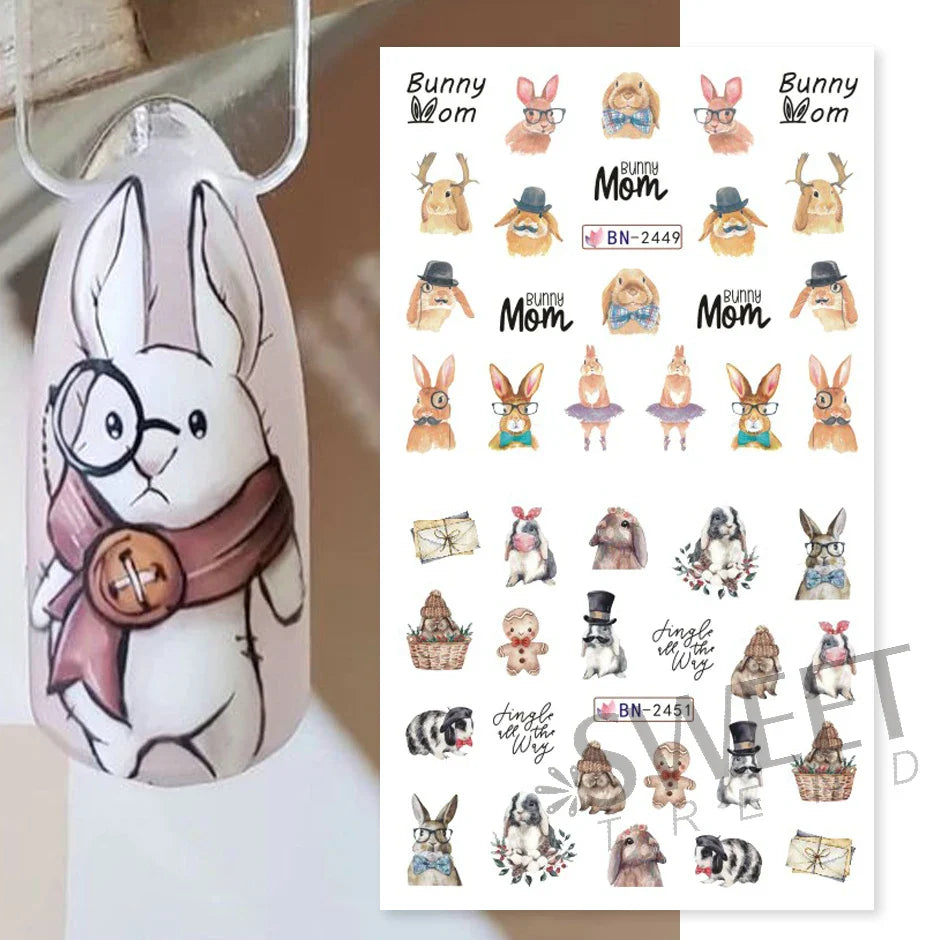 JazzHer Cute Rabbit New Year Nail Stickers 3D Cartoon Wisdom Bunny Transfer Sliders Spring Flowers Watercolor Anime Manicure Decals LYBN