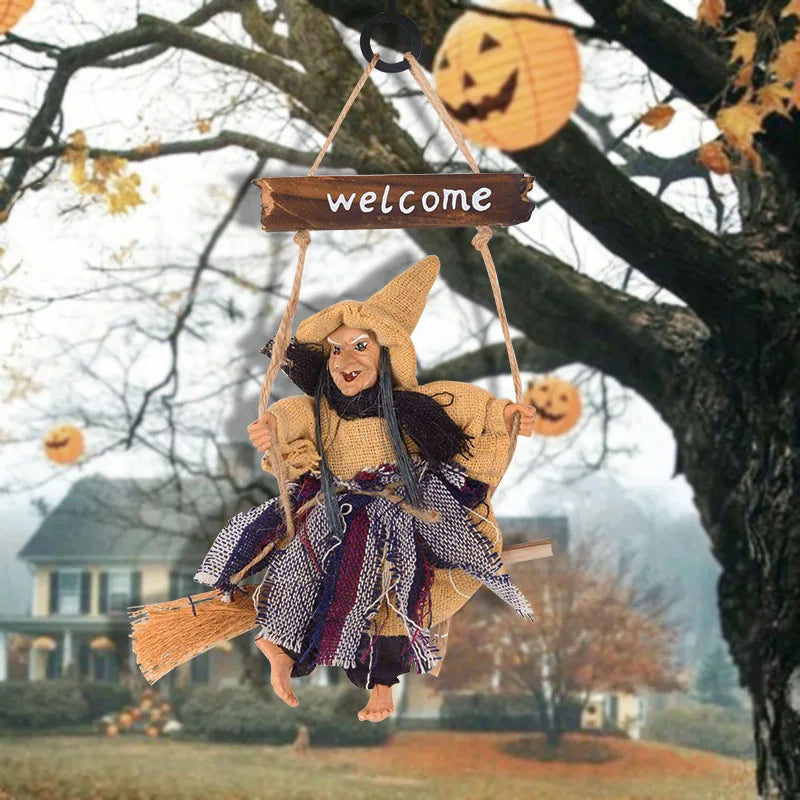 JazzHer Halloween Horror Witch Doll Hanging Ornaments Flying Witch with Broom Pendant Halloween Party Decoration for Home DIY Wreath