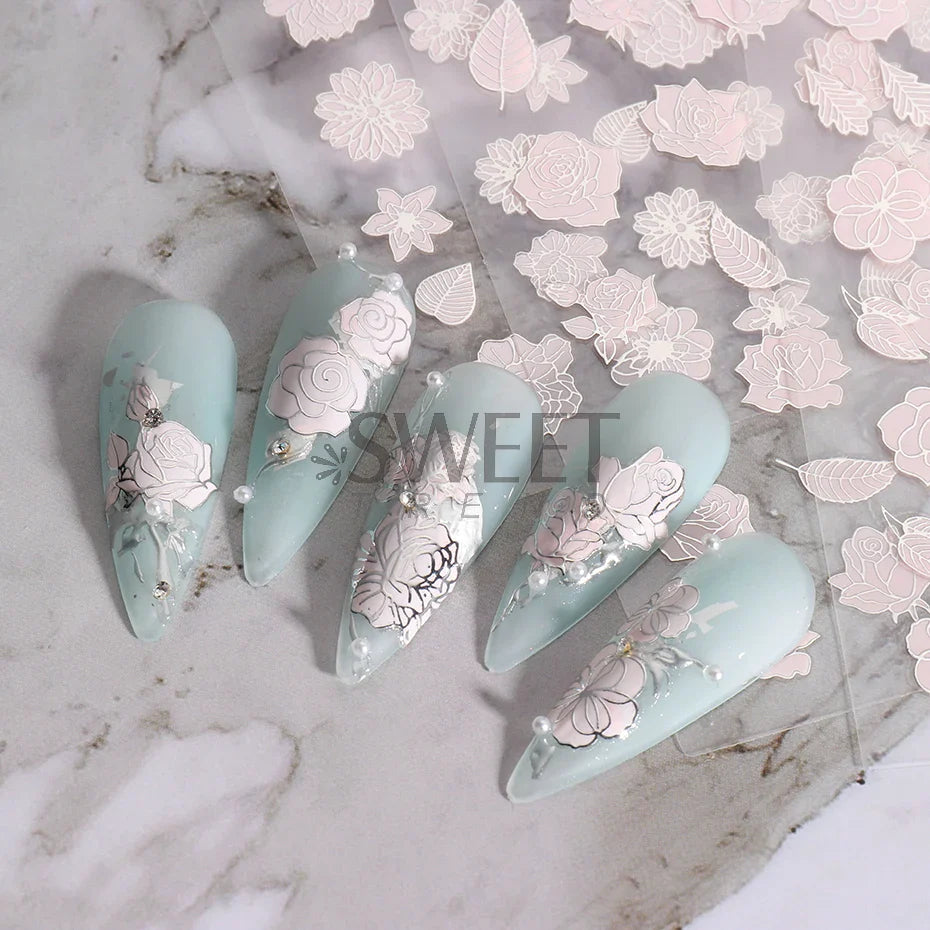 JazzHer Bronzing Elegant Flowers Nail Art Stickers Metallic Silver Line Design Tulip Rose Floral Butterfly Spring Charm Manicure Decals