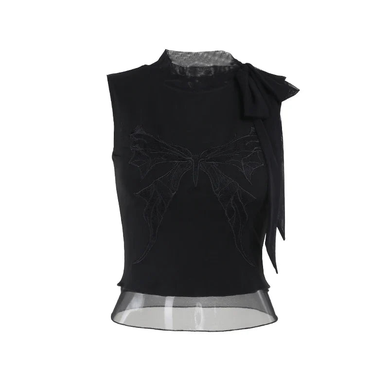 JazzHer Women's Gothic Tops 2024 Summer New Diablo Style Rays Butterfly Embroidery Tie Tops Tank Top