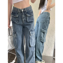 JazzHer Jeans Washed Ankle Length Denim Straight Pants Vintage Distressed Spliced Pockets High Waist Safari Style Zipper Fly Autumn