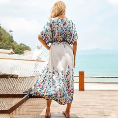 JazzHer 2024 Bohemian Floral Embroidered Half Sleeve Front Open Summer Beach Dress Elegant Women Beachwear Maxi Dress Robe De Plage Q851