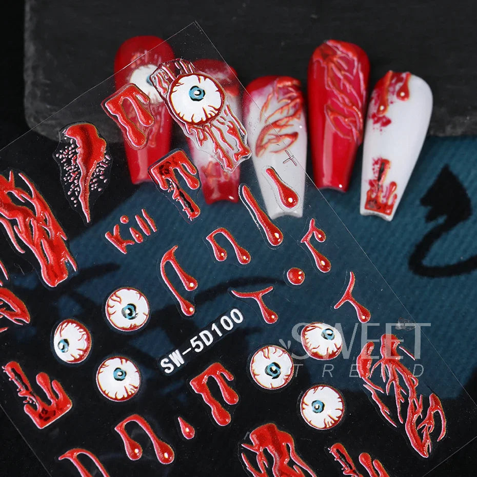 JazzHer 5D Acrylic Bloodshot Lip Eyes Nail Embossed Stickers Evil Eye Sexy Belt Decal Spooky Spider Halloween Charm Manicure Decor Wraps