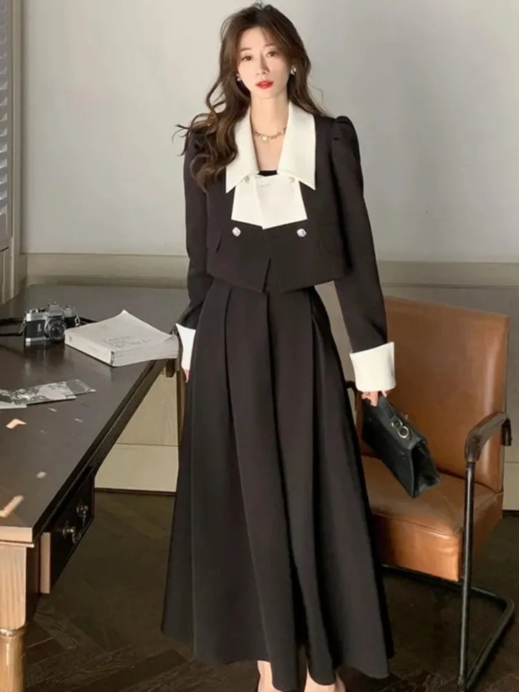 JazzHer New Autumn Solid Skirt Suits Women Elegant Long Sleeve Short Coat Chic Midi Skirts 2 Pieces Set Female Fashion Party Outfits