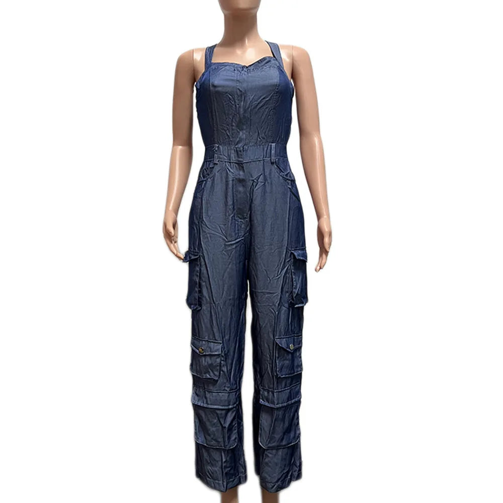 JazzHer Women Jeans Overalls Spliced Cargo Denim Pants Vintage Washed Ankle Length Jean Pockets Solid High Street Loose Fit Button