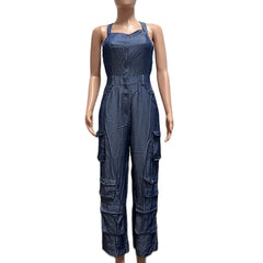 JazzHer Women Jeans Overalls Spliced Cargo Denim Pants Vintage Washed Ankle Length Jean Pockets Solid High Street Loose Fit Button