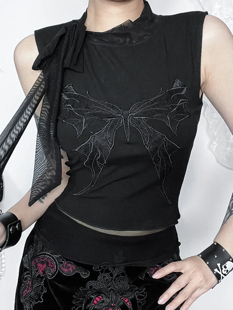 JazzHer Women's Gothic Tops 2024 Summer New Diablo Style Rays Butterfly Embroidery Tie Tops Tank Top