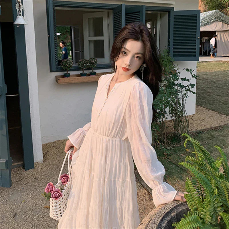 JazzHer-Elegant Chic Women White Midi Dress for Autumn 2024 New Chiffon Puff Long Sleeve V-neck Casual Office Lady Cute Fairy Dress