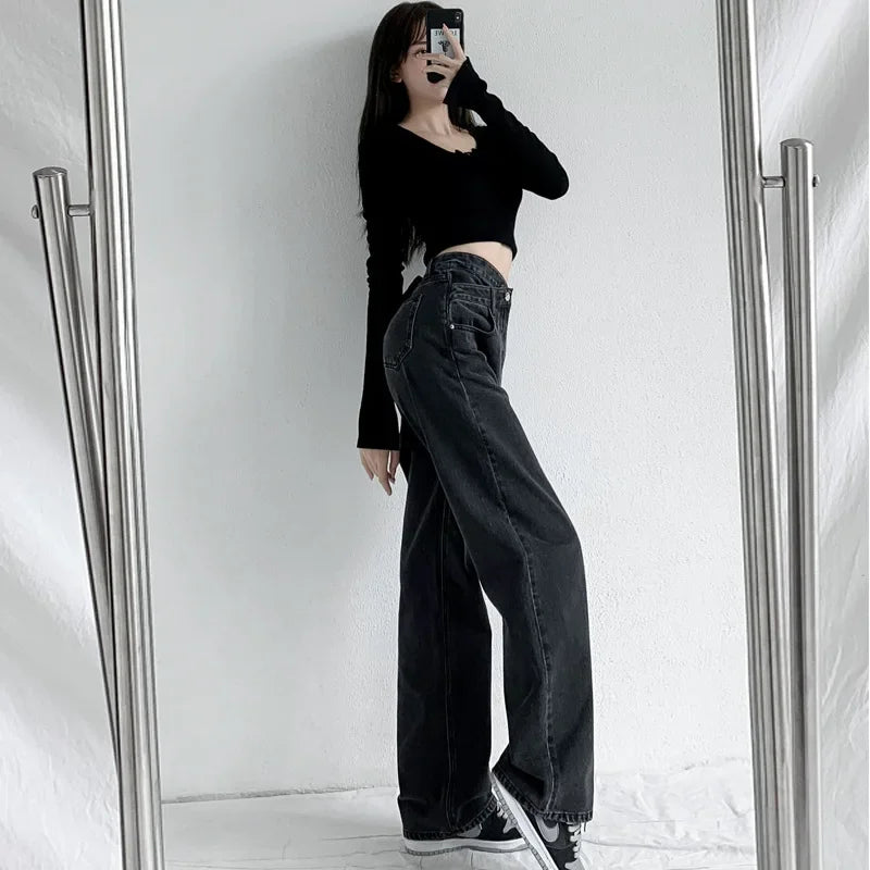 JazzHer Wide Leg Pants Women Vintage Jeans High Waist Loose Fit Basics Full Length Pockets Button 2024 Casual Denims Straight Trousers