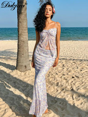 JazzHer Floral Print Matching Suit Sexy Spaghetti Straps Top Mesh Camisole Y2K Maxi Dress Sets 2024 Summer Beach Club Streetwear