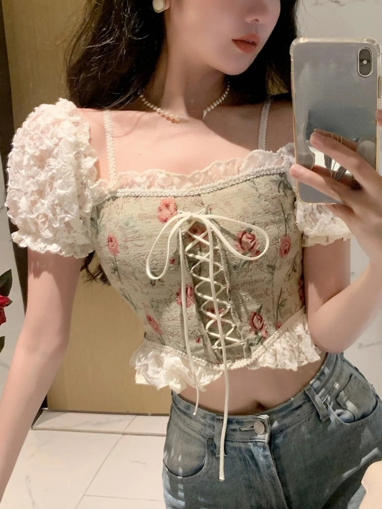 JazzHer Casual Floral Y2k Crop Tops Woman Outwear Slim Short Sleeve Elegant Blouse Office Lady Korean Style Fashion Pullover 2024 Summer