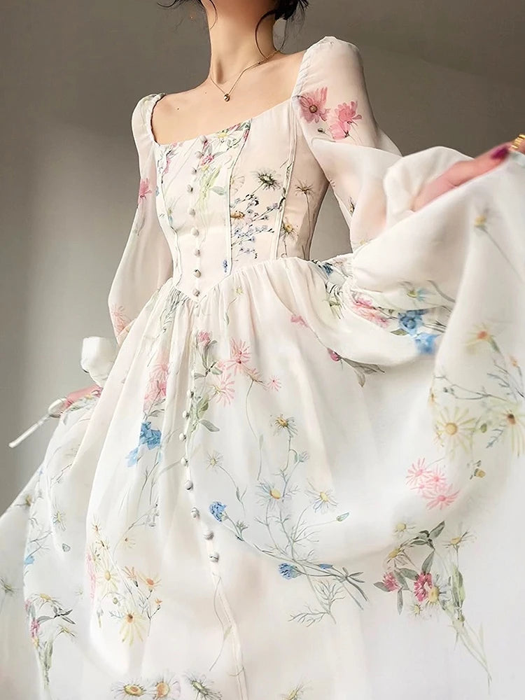 JazzHer French Elegant Floral Midi Dress Chiffon Long Sleeve Evening Party Dress Woman Beach Fairy One Piece Dress Korean 2024 Summer