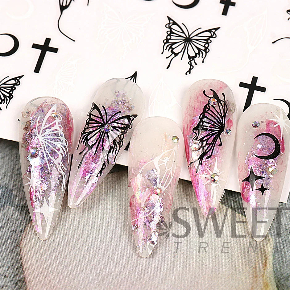 JazzHer Black Silver Fairy Lace Butterflies Nail Art Stickers 3D Mirror Hollow Big Flying Papilio Decal Holographic Spring Manicure LYJO