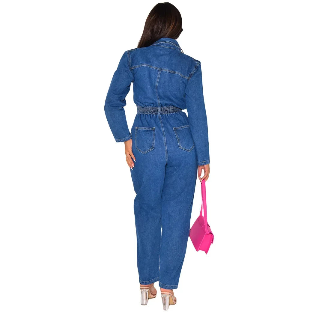 JazzHer Vintage One Pieces Jeans Stretch Jumpsuit Women Turn Down Collar Denim Casual Romper Overalls Streetwear Female Jumpsuits