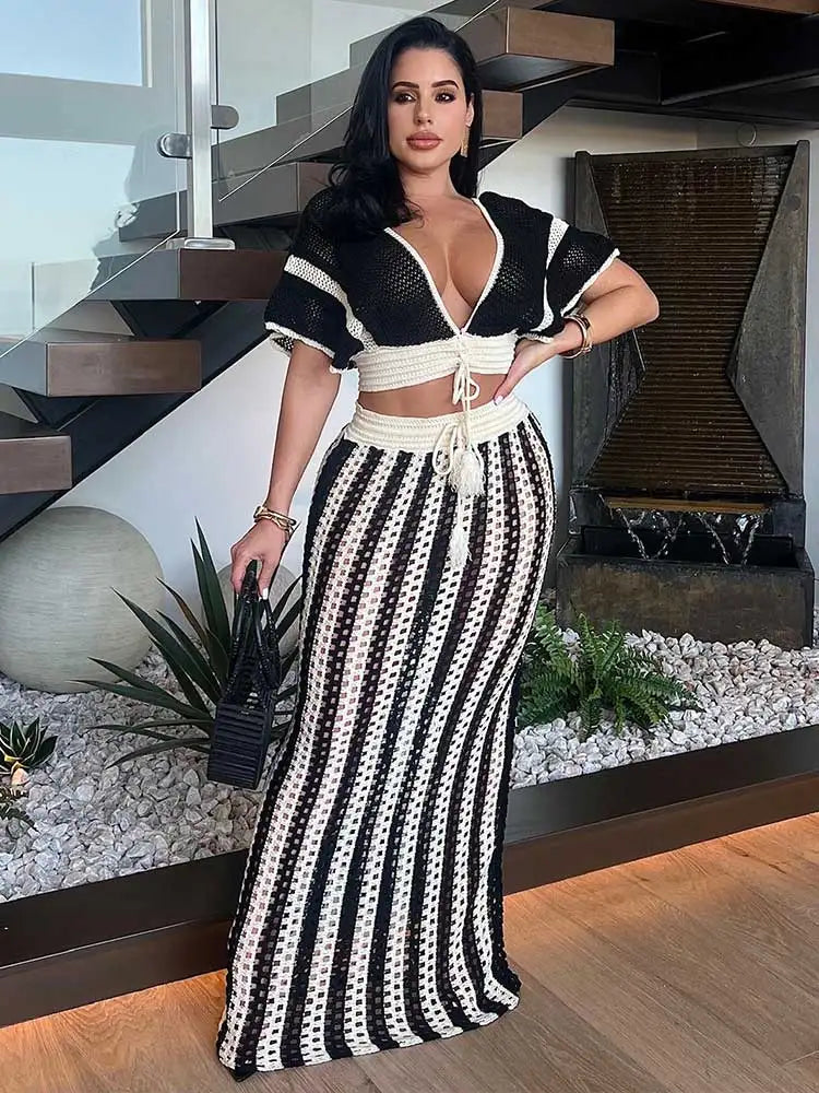 JazzHer Crochet Knit 2 Piece Sets for Women 2024 Summer Hollow Out Flare Sleeve Vacation High Waisted Maxi Skirt Sets Beach Dress A3135