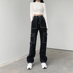 JazzHer Vintage Jeans Women Cargo Pants Denim High Waist Zipper Fly Pockets Button Floor Length Trousers Straight Streetwear Denims