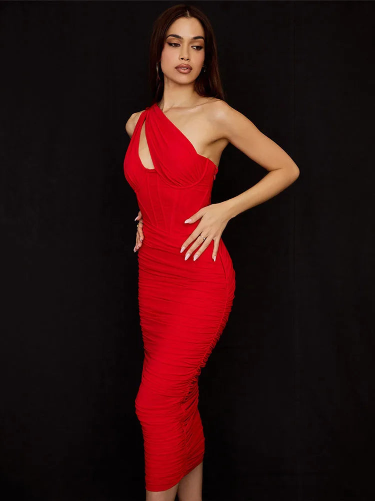 JazzHer Elegant One Shoulder Ruched Midi Dress For Women Club Party Outfits Summer New Sleeveless Backless Bodycon Long Dress