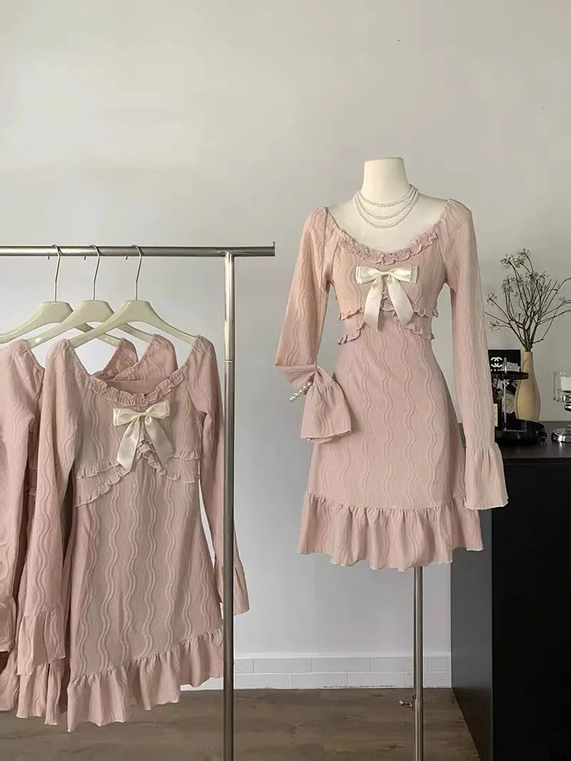 JazzHer 2024 Summer Pink Sweet Slim Y2k Mini Dress Woman French Elegant Flare Sleeve Dress Party Casual One Piece Dress Korean Fashion