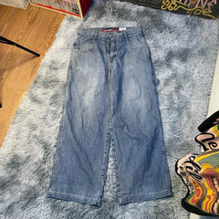 JazzHer JNCO Crown Graphic Embroidery Retro Wash Jeans Y2k Punk High Waist Blue Denim Pants Gothic Men Women Straight Leg Trousers