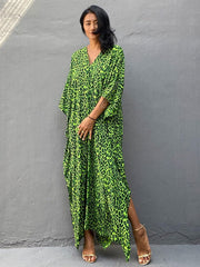 JazzHer 2024  Leopard Self Belted Side Split Summer Beach Dress Long Tunic Women Clothes Plus Size Beachwear Maxi Dress Q1226