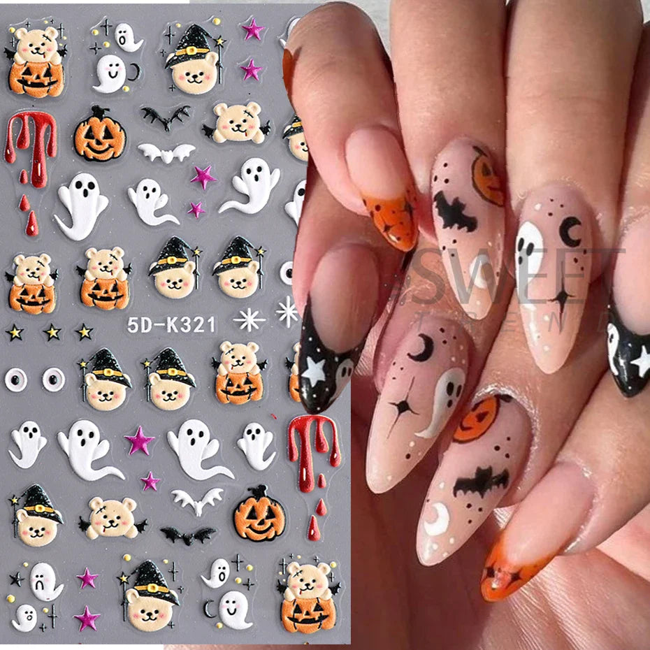 JazzHer 5D Glitter Halloween Embossed Nail Stickers Decals Pumpkin Spider Web Ghost Bone Nail Art Gel Sliders Embossed Manicure Deco