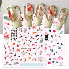 JazzHer 3D Lucky Koi Carp Nail Design Gold Fish Lotus Chinese Style New Year Adhesive Sticker Scape Watercolor Manicure Foils Decal LYCA