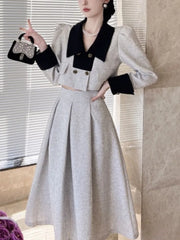 JazzHer 2024 Fall Fashion Women Elegant Double-breasted Color-block Long-sleeve Jacket High Waist Skirt Suit Two-piece Suit