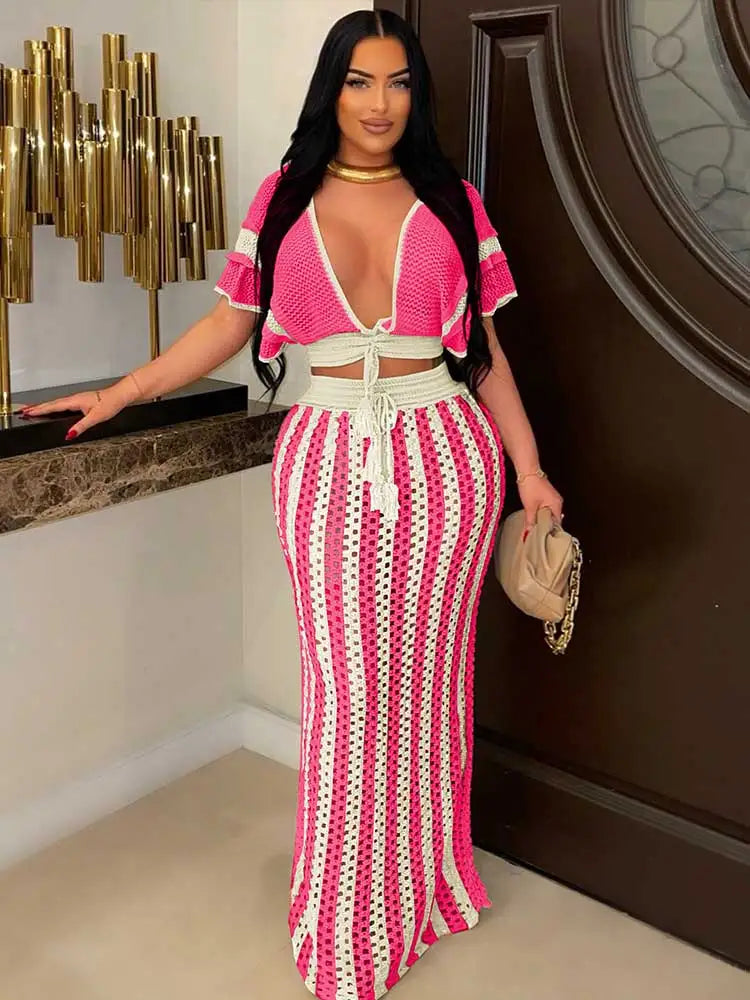 JazzHer Crochet Knit 2 Piece Sets for Women 2024 Summer Hollow Out Flare Sleeve Vacation High Waisted Maxi Skirt Sets Beach Dress A3135