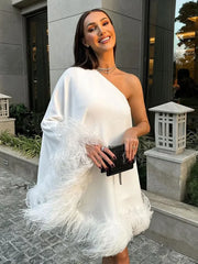 JazzHer Elegant One Shoulder Feather Spliced Mini Dress Sexy Backless Long Sleeves Loose Vestidos Elegant Lady Party Club Robes