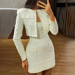 JazzHer 2025 Fashion Evening Party Two Piece Set Pearl Long Sleeve Top Mini Skirt Women Set Elegant Autumn 2 Piece Set Women