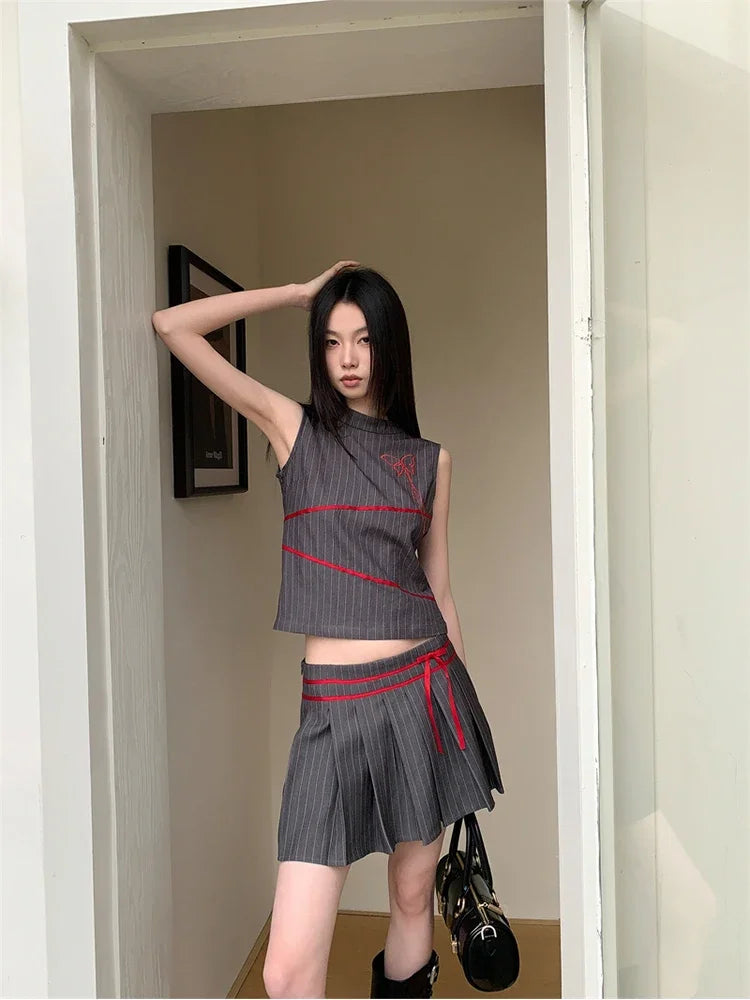 JazzHer Summer Women Vintage Old Money 2000s Aesthetic Outfits 2 Piece Set Striped Tank Tops + A-line Mini Pleated Skirts Korean Fashion