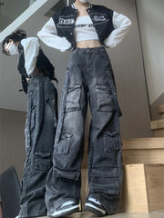 JazzHer New Multi-pocket High Street American Tooling Wide-leg Jeans Female Y2K Street Punk Style Loose Street Brand Washing Old Pants