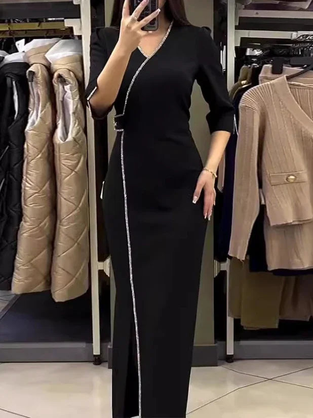 JazzHer Dress Women Black Party Long Dresses Diamond V Neck Full Sleeve Split Elegant Splice Hot Drilling Vestidos Night 2024 Spring