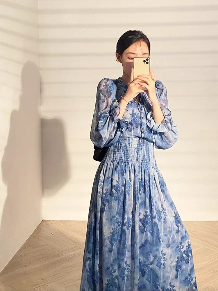 JazzHer French Vintage Long Sleeve Fairy Dress Women Slim Fashion Floral Midi Dress Beach Casual Korean Style Dresses Female 2024 Summer