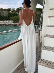 JazzHer White Backless Sling Maxi Dress For Women Sexy Solid Off Shoulder Sleeveless Dresses Summer Lady Loose Beach Vacation Robes