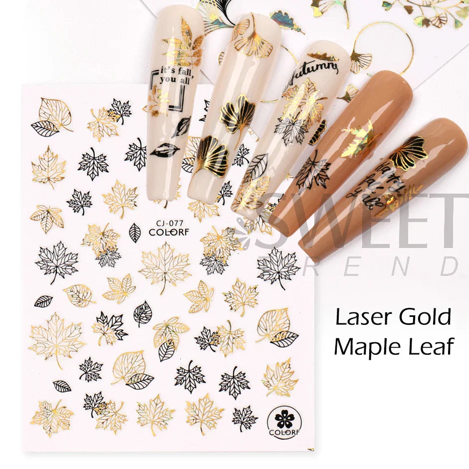 JazzHer Laser Gold Geometry Maple Nail Manicure Stickers Shinning Autumn Leaves Frame Ginkgo Decals Fall DIY Decoration Sliders LYCJ-076