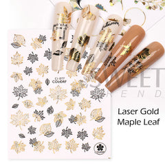 JazzHer Laser Gold Geometry Maple Nail Manicure Stickers Shinning Autumn Leaves Frame Ginkgo Decals Fall DIY Decoration Sliders LYCJ-076