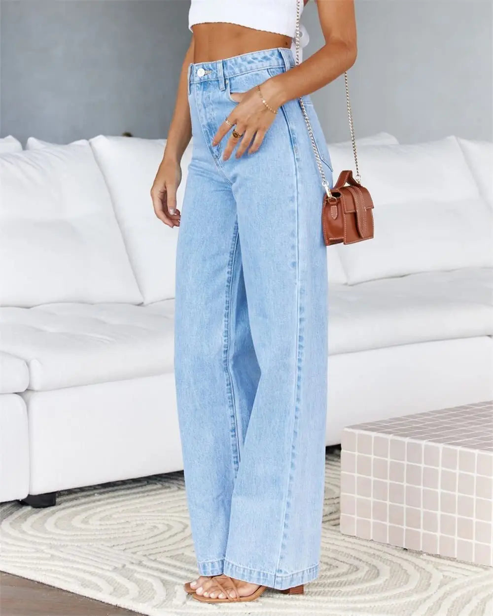 JazzHer Women Jeans Straight Pants Denim Washing High Waist Loose Fit Pockets Button Basics Wide Leg Trousers Solid Color 2024 Casual